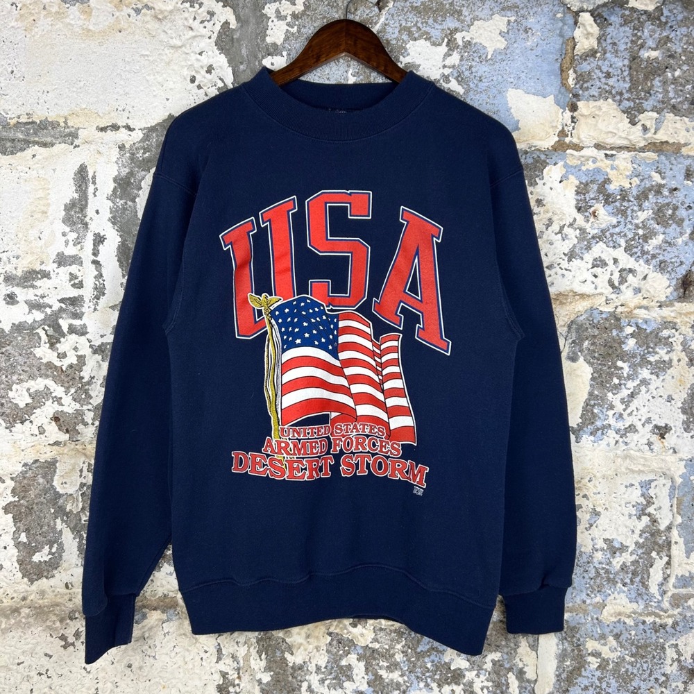 Vintage Desert Storm USA Armed Forces Crewneck Sweatshirt Navy Blue Mens Large